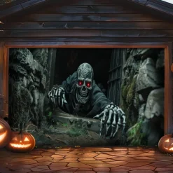 Halloween Garage Door Cover Banner Backdrop – Moonlit Pumpkin Field with Zombie Hands, Oversized Front Yard Decoration for 2025 Halloween, Includes Hanging Accessories