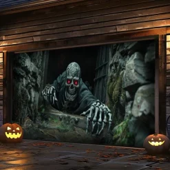 Halloween Garage Door Cover Banner Backdrop – Moonlit Pumpkin Field with Zombie Hands, Oversized Front Yard Decoration for 2025 Halloween, Includes Hanging Accessories