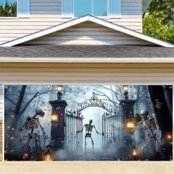 Halloween Garage Door Cover Large Hanging Backdrop Skeleton Ghost Fantasy Psychedelic Party Outdoor Shooting Backgrounds Front Door Decorations Wall Door Background