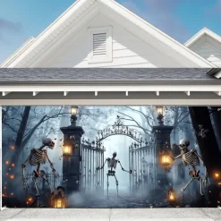 Halloween Garage Door Cover Large Hanging Backdrop Skeleton Ghost Fantasy Psychedelic Party Outdoor Shooting Backgrounds Front Door Decorations Wall Door Background