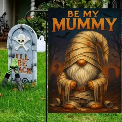 Halloween Garden Flag Banner – "Be My Mummy" Wrapped Mummy with Tombstone, Double-Sided Weather-Resistant Yard Flag for 2025 Halloween Holiday Outdoor Lawn, Porch Decoration