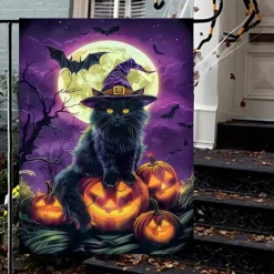 Halloween Garden Flag Banner – Three Costumed Cats under Moonlight, Double-Sided Weather-Resistant Yard Flag for 2025 Halloween Holiday Outdoor Lawn, Porch Decoration