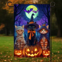 Halloween Garden Flag Banner – Three Costumed Cats under Moonlight, Double-Sided Weather-Resistant Yard Flag for 2025 Halloween Holiday Outdoor Lawn, Porch Decoration