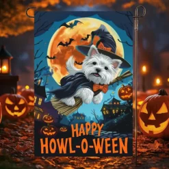 Halloween Garden Flag Banner – Black Cat in Pumpkin Cauldron "Welcome", Double-Sided Weather-Resistant Yard Flag for 2025 Halloween Holiday Outdoor Lawn, Porch Decoration