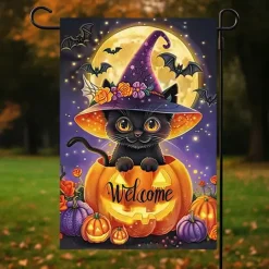 Halloween Garden Flag Banner – Black Cat in Pumpkin Cauldron "Welcome", Double-Sided Weather-Resistant Yard Flag for 2025 Halloween Holiday Outdoor Lawn, Porch Decoration