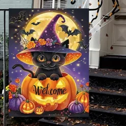 Halloween Garden Flag Banner – Black Cat in Pumpkin Cauldron 