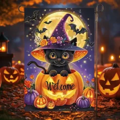Halloween Garden Flag Banner – Black Cat in Pumpkin Cauldron 