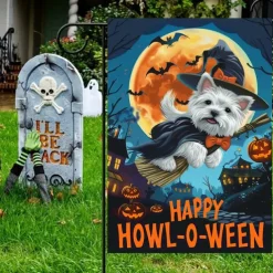Halloween Garden Flag Banner – Black Cat in Pumpkin Cauldron 