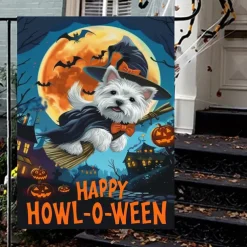Halloween Garden Flag Banner – Black Cat in Pumpkin Cauldron 
