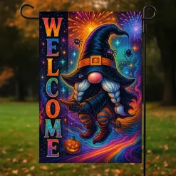 Halloween Garden Flag Banner – Neon-Style "Welcome" Witch with Spiral, Double-Sided Weather-Resistant Yard Flag for 2025 Halloween Holiday Outdoor Lawn, Porch Decoration