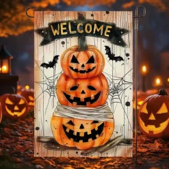 Halloween Garden Flag Banner – Skeletal Sitting with Pumpkins Summerween Scene, Double-Sided Weather-Resistant Yard Flag for 2025 Halloween Holiday Outdoor Lawn, Porch Decoration