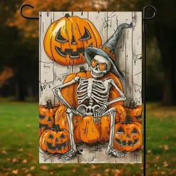 Halloween Garden Flag Banner – Skeletal Sitting with Pumpkins Summerween Scene, Double-Sided Weather-Resistant Yard Flag for 2025 Halloween Holiday Outdoor Lawn, Porch Decoration