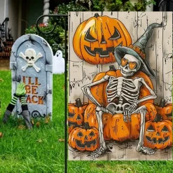 Halloween Garden Flag Banner – Skeletal Sitting with Pumpkins Summerween Scene, Double-Sided Weather-Resistant Yard Flag for 2025 Halloween Holiday Outdoor Lawn, Porch Decoration