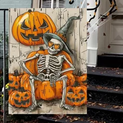 Halloween Garden Flag Banner – Skeletal Sitting with Pumpkins Summerween Scene, Double-Sided Weather-Resistant Yard Flag for 2025 Halloween Holiday Outdoor Lawn, Porch Decoration