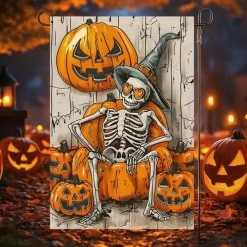 Halloween Garden Flag Banner – Skeletal Sitting with Pumpkins Summerween Scene, Double-Sided Weather-Resistant Yard Flag for 2025 Halloween Holiday Outdoor Lawn, Porch Decoration