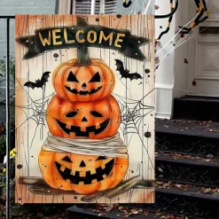 Halloween Garden Flag Banner – Skeletal Sitting with Pumpkins Summerween Scene, Double-Sided Weather-Resistant Yard Flag for 2025 Halloween Holiday Outdoor Lawn, Porch Decoration