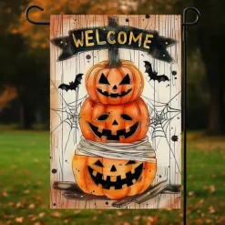 Halloween Garden Flag Banner – Skeletal Sitting with Pumpkins Summerween Scene, Double-Sided Weather-Resistant Yard Flag for 2025 Halloween Holiday Outdoor Lawn, Porch Decoration