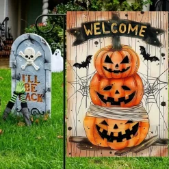 Halloween Garden Flag Banner – Skeletal Sitting with Pumpkins Summerween Scene, Double-Sided Weather-Resistant Yard Flag for 2025 Halloween Holiday Outdoor Lawn, Porch Decoration