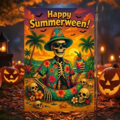 Halloween Garden Flag Banner – "Summerween" Sitting Skeleton with Pumpkin, Double-Sided Weather-Resistant Yard Flag for 2025 Halloween Holiday Outdoor Lawn, Porch Decoration