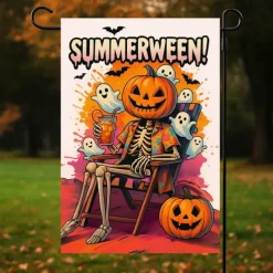 Halloween Garden Flag Banner – "Summerween" Sitting Skeleton with Pumpkin, Double-Sided Weather-Resistant Yard Flag for 2025 Halloween Holiday Outdoor Lawn, Porch Decoration