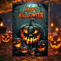 Halloween Garden Flag Banner – "Happy Halloween" with Pumpkins and Skulls, Double-Sided Weather-Resistant Yard Flag for 2025 Halloween Holiday Outdoor Lawn, Porch Decoration