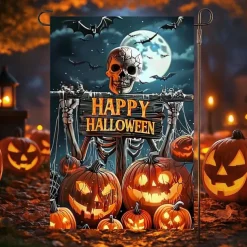 Halloween Garden Flag Banner – "Happy Halloween" with Pumpkins and Skulls, Double-Sided Weather-Resistant Yard Flag for 2025 Halloween Holiday Outdoor Lawn, Porch Decoration