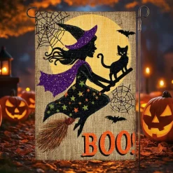 Halloween Garden Flag Banner – "Trick or Treat" Pumpkin with Witch's Broom, Double-Sided Weather-Resistant Yard Flag for 2025 Halloween Holiday Outdoor Lawn, Porch Decoration
