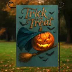 Halloween Garden Flag Banner – "Trick or Treat" Pumpkin with Witch's Broom, Double-Sided Weather-Resistant Yard Flag for 2025 Halloween Holiday Outdoor Lawn, Porch Decoration