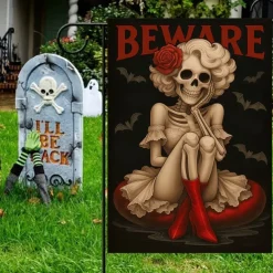 Halloween Garden Flag Banner – "Beware" Skeleton Sitting on Scarecrow Stool, Double-Sided Weather-Resistant Yard Flag for 2025 Halloween Holiday Outdoor Lawn, Porch Decoration