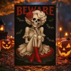 Halloween Garden Flag Banner – "Beware" Skeleton Sitting on Scarecrow Stool, Double-Sided Weather-Resistant Yard Flag for 2025 Halloween Holiday Outdoor Lawn, Porch Decoration