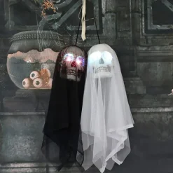 Halloween Gauze Skull Hanging Ghost with Flashing Eyes Horror Halloween Decoration Props for Haunted House Bar Restaurant KTV Decor Horror Hanging Ghost Pendant