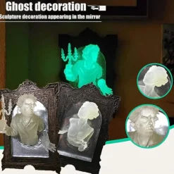 Halloween Ghost in The Mirror, Glow in The Dark 3D Resin Ghost Frame, Creative Fluorescent Mirror Sculpture for Bedroom and Corridor Decor