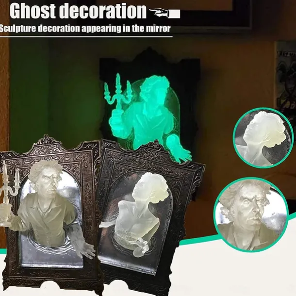 Halloween Ghost in The Mirror, Glow in The Dark 3D Resin Ghost Frame, Creative Fluorescent Mirror Sculpture for Bedroom and Corridor Decor