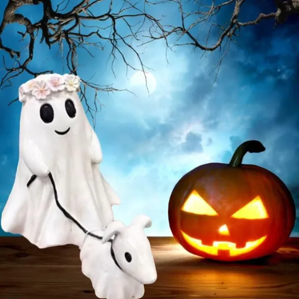 Halloween Ghost Walking Dog Statue Ghost Walking His Ghost Dog Halloween Ghost Dog Statues Spooky Ghost Dog Halloween Figurine Home Tabletop Decorations