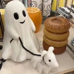 Halloween Ghost Walking Dog Statue - Spooky Figurine for Home Tabletop Decorations
