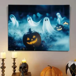 Halloween Ghosts and Pumpkins LED Canvas Wall Art - Battery Operated Lighted Wall Decor for 2025 Halloween home decoration light livingroom and bedroom