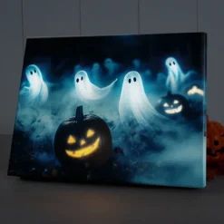 Halloween Ghosts and Pumpkins LED Canvas Wall Art - Battery Operated Lighted Wall Decor for 2025 Halloween home decoration light livingroom and bedroom