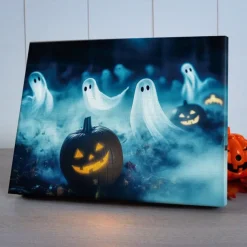 Halloween Ghosts and Pumpkins LED Canvas Wall Art - Battery Operated Lighted Wall Decor for 2025 Halloween home decoration light livingroom and bedroom
