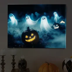 Halloween Ghosts and Pumpkins LED Canvas Wall Art - Battery Operated Lighted Wall Decor for 2025 Halloween home decoration light livingroom and bedroom