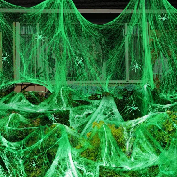 Halloween Glow in The Dark Spider Web Fake Cobwebs Stretch Green Spider Webs for Halloween Outdoor Indoor Home Decorations Creepy Party Decor