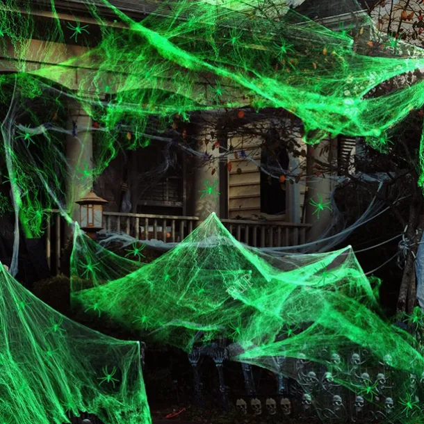 Halloween Glow in The Dark Spider Web Fake Cobwebs Stretch Green Spider Webs for Halloween Outdoor Indoor Home Decorations Creepy Party Decor