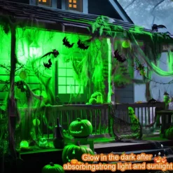 Halloween Glow in The Dark Spider Web Fake Cobwebs Stretch Green Spider Webs for Halloween Outdoor Indoor Home Decorations Creepy Party Decor