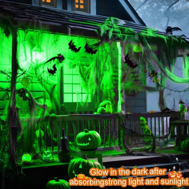 Halloween Glow in The Dark Spider Web Fake Cobwebs Stretch Green Spider Webs for Halloween Outdoor Indoor Home Decorations Creepy Party Decor