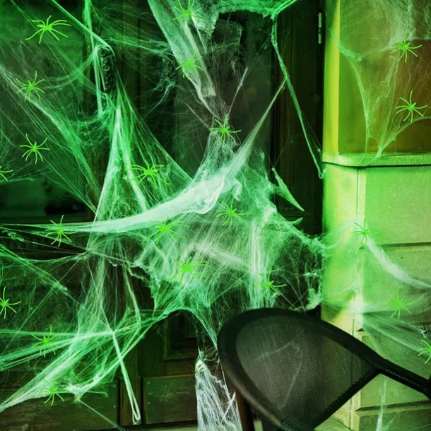 Halloween Glow in The Dark Spider Web Fake Cobwebs Stretch Green Spider Webs for Halloween Outdoor Indoor Home Decorations Creepy Party Decor