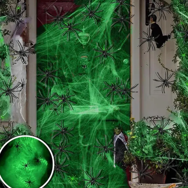 Halloween Glow in The Dark Spider Web Fake Cobwebs Stretch Green Spider Webs for Halloween Outdoor Indoor Home Decorations Creepy Party Decor