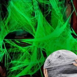 Halloween Glow in The Dark Spider Web Fake Cobwebs Stretch Green Spider Webs for Halloween Outdoor Indoor Home Decorations Creepy Party Decor