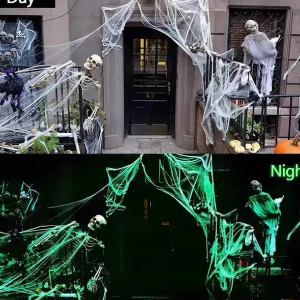 Halloween Glow in The Dark Spider Web Fake Cobwebs Stretch Green Spider Webs for Halloween Outdoor Indoor Home Decorations Creepy Party Decor