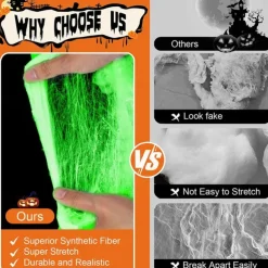 Halloween Glow in The Dark Spider Web Fake Cobwebs Stretch Green Spider Webs for Halloween Outdoor Indoor Home Decorations Creepy Party Decor