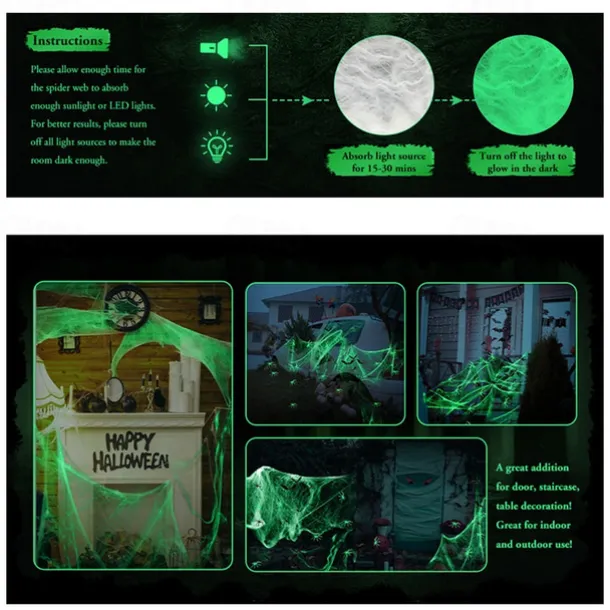 Halloween Glow in The Dark Spider Web Fake Cobwebs Stretch Green Spider Webs for Halloween Outdoor Indoor Home Decorations Creepy Party Decor