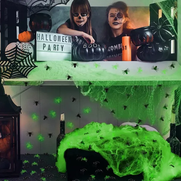 Halloween Glow in The Dark Spider Web Fake Cobwebs Stretch Green Spider Webs for Halloween Outdoor Indoor Home Decorations Creepy Party Decor